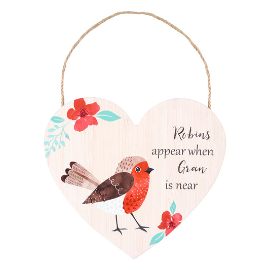 Gran Winter Robin Hanging Heart Sign.
