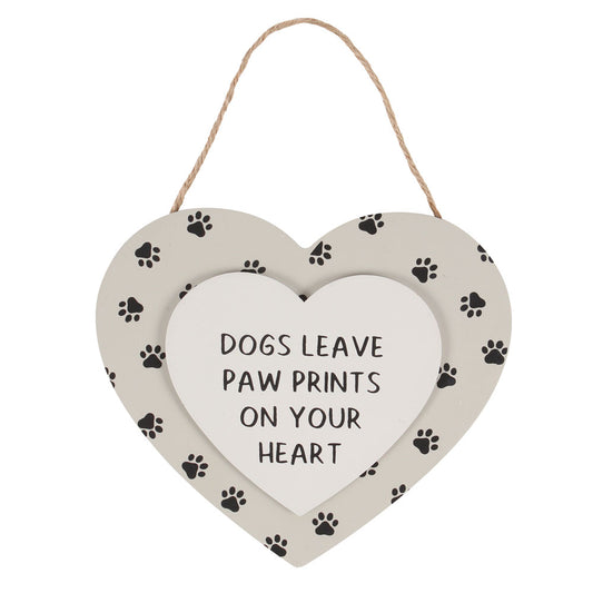 Dogs Leave Paw Prints Hanging Heart Sign.